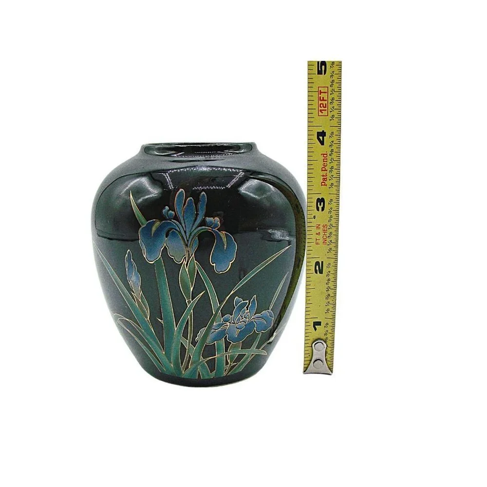 San Francisco Black Onyx Trinket Jar Vase Floral Hand Painted Decorative Flower